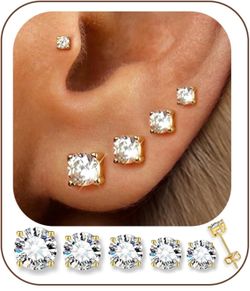 5 Pairs 14K Gold Plated Stud Earrings for Women, Hypoallergenic Earring Sets for Multiple Piercing, Premium Cubic Zirconia Studs Earrings for Women