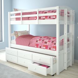 White Twin/ Twin Bunk Bed w/ Twin Trundle 