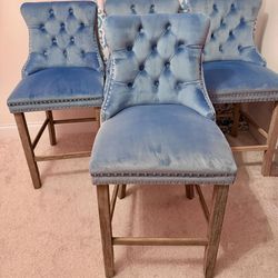 French Blue Velvet Bar Stool Chairs-Set of 4
