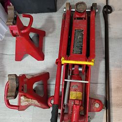 Car jack, stands and hood prop