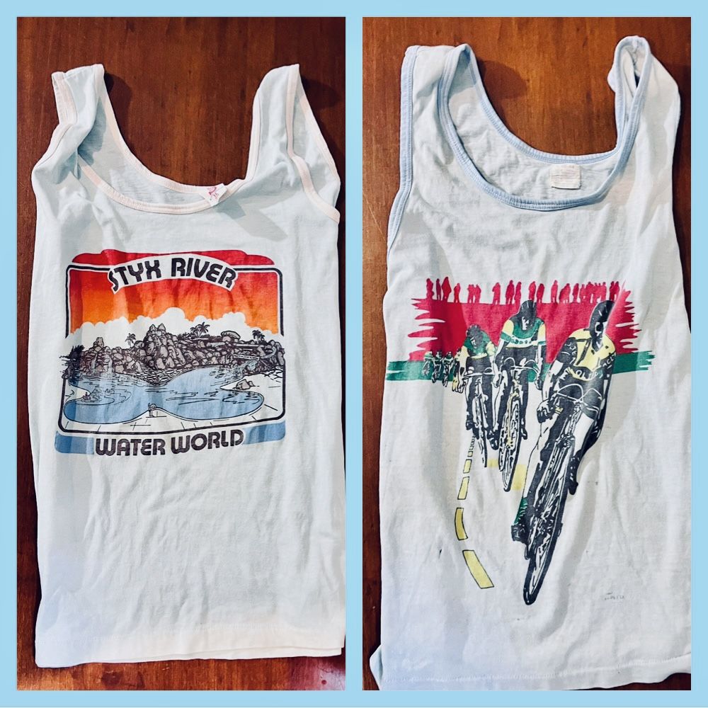 Pair Of Vintage Tank Tops Circa 1980 : Styx River Water World Alabama Size XL Closed Down 1993 & 1980’s Retro Cycling Tank L