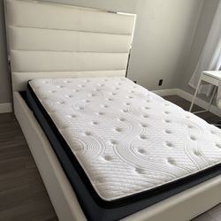 Elegant White Queen Bed With Mattress 