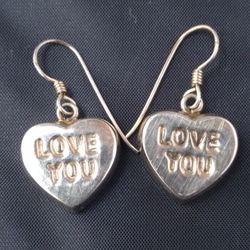 Pair Sterling Silver .925 Heart LOVE YOU Earrings. Negotiable/ Open To Offers. 