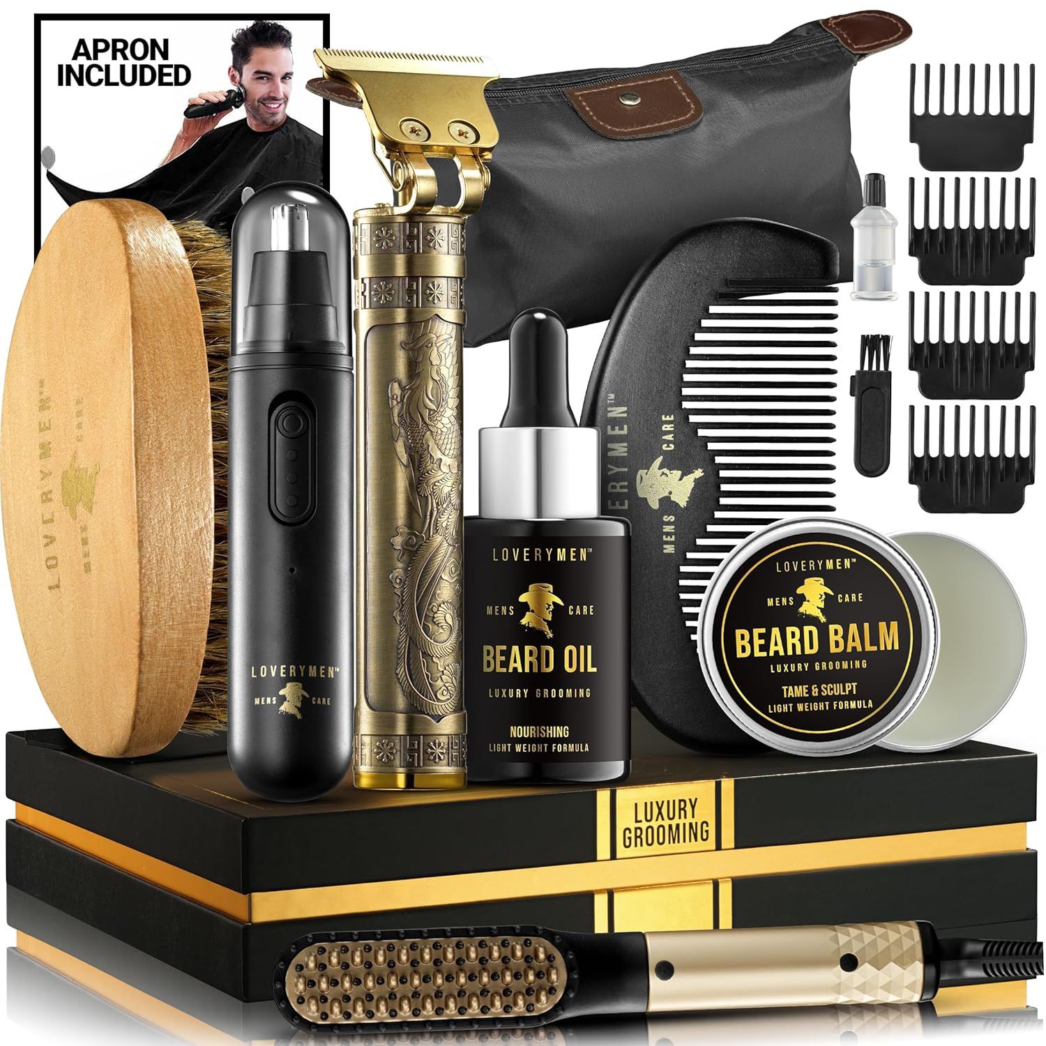 Grooming Beard Kit, Beard Trimmer, Nose Hair Trimmer, Hair Straightener Brush, Oil, Balm & More, 15pc Beard Kit Gift Basket For Men