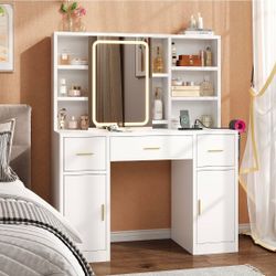 Vanity Desk with Sliding Mirror & LED Lights, Smart Makeup Table with Charging Station, Hairdryer Holder, 7 Shelves, 3 Drawers, 2 Cabinets, Vanity wit