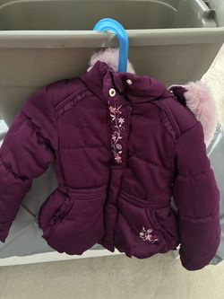 Girls Purple Puffer Jacket with Pink Faux Fur Hood - 3T