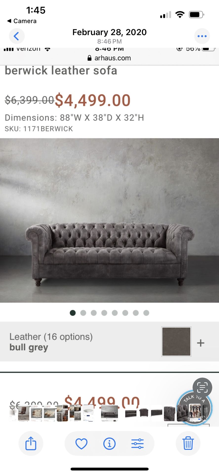 Arhaus Furniture Berwick Leather Sofa Excellent Condition. Restoration Hardware 