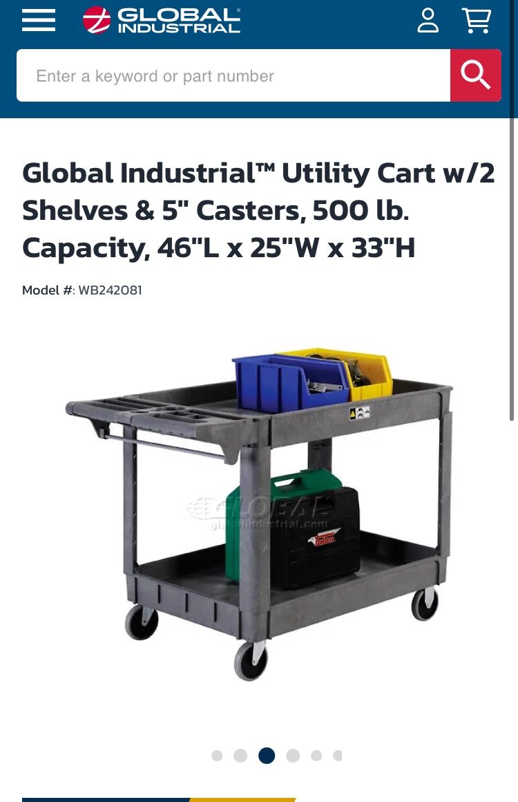 Strong Global Industrial Utility Cart w/2 Shelves & 5" Casters, 500 lb. Capacity, 46"L x 25"W x 33"H HVAC   Versatile cart offers molded-in tool stora