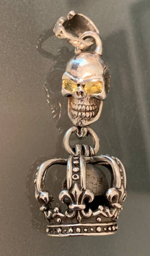 Custom 925 Silver and Sapphire Crown Skull Pendant - 2 1/2"