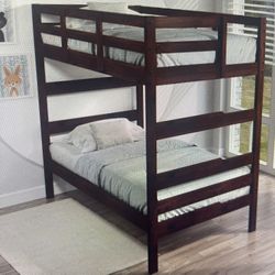 Brand New Twin Over Twin Size Cappuccino Wooden Bunk Bed With 2 New Mattress 