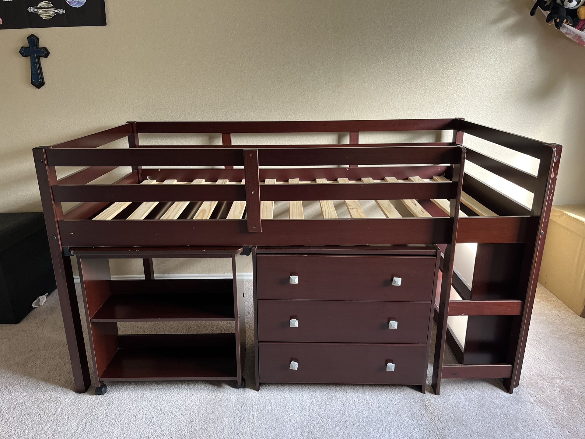 Twin Wood Loft Bed w/ Desk, Shelves & Dresser