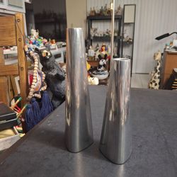 Ikea Heavy Aluminum Pair Of Conical Candlestick Holders - Scandinavian Mid Century Design 9" & 7"
