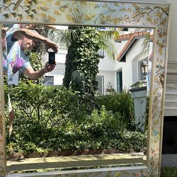 La barge Chinoiserie Silver leaf painted bird floral butterfly wall mirror