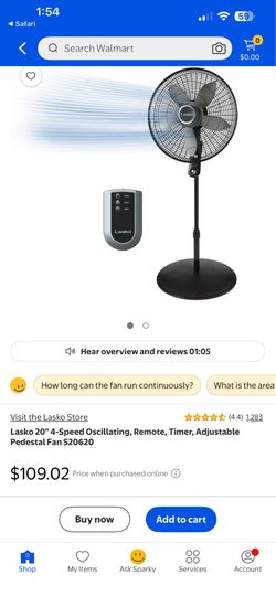 Lasko 20" 4-Speed Oscillating, Remote, Timer, Adjustable Pedestal Fan S20620