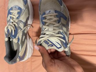 Blue and grey and cream asics