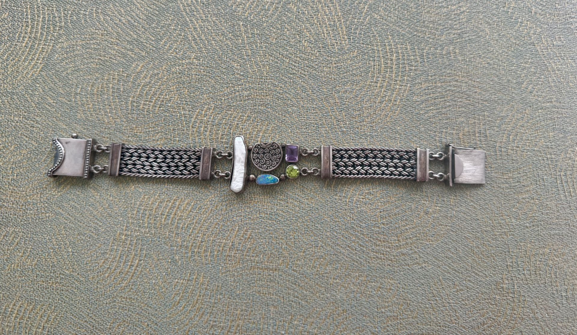vintage sterling silver 925 bracelet chain mother of pearl green purple blue gemstone turquoise Marked 925 Stunning well made piece Approx 8 1/4”