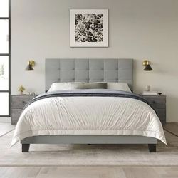 Gray Tufted Headboard and Bed Frame-Queen