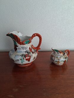 Japanese Kutani Porcelain Pitcher Set of 2