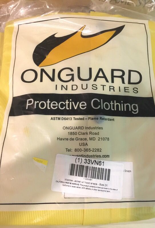 On guard protective clothing. Flame retardant. Size 2X. 5 available. $14 each