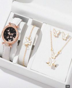 6pcs Luxury Watch Women Butterfly Ring Necklace Earrings Bracelet Set Watches No Box Mother's Day Gift