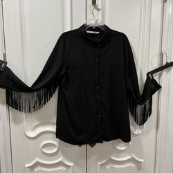 Zara Tops | Zara- Overshirt with Fringe | Color: BlackSize XL