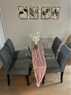 Modern Glass Dining Table Set with 4 Upholstered Chairs – Excellent Condition