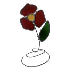 Red Flower on Stem Stained Glass Suncatcher - Vintage Handmade