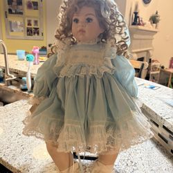 Porcelain Doll with Custom Dress And Chair 