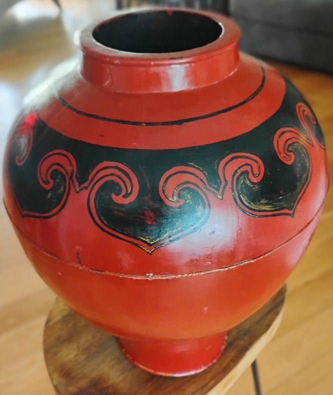 Large Wooden Red Lacquer Asian Vessel