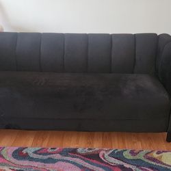 Black Modern Velvet 3 Seater Sofa Couch with Channel Stitching, Birch Wood Legs, and Tonal Piping