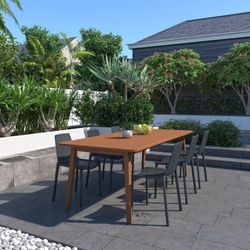 Brand New 7 Piece Rectangular Table With Stackable Grey Chairs Patio Dining Set | Ideal Furniture Set For Outdoor