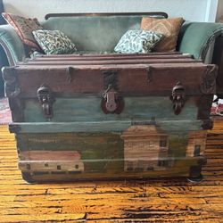 Hand Painted Vintage Steamer Trunk Coffee Table With Storage