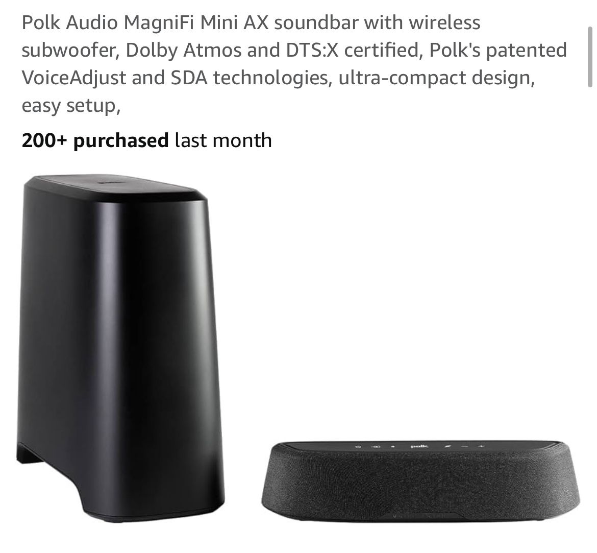 Polk Audio MagniFi Mini AX soundbar with wireless subwoofer, Dolby Atmos and DTS:X certified, Polk's patented VoiceAdjust and SDA technologies, ultra-
