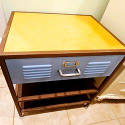 Pottery Barn Teen Industrial Metal Nightstand Blue Brown End Side Table Iron Bed Modern Contemporary