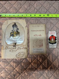 Antique Paper Ephemera Lot - 1900s Massachusetts Atlas Pocket Cover, Vintage Spanish Perfume Label & Italian Novelty Card