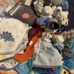 Assorted Baby Bibs, Hats, Socks, Mittens, 1 Paid Of Slippers& Blankets