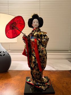 Vintage Japanese Kimono Doll with Red Parasol