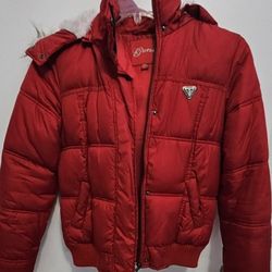 Guess Red Puffy Jacket Fur Hood