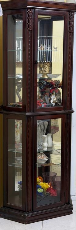 Cherry wood lighted corner curio