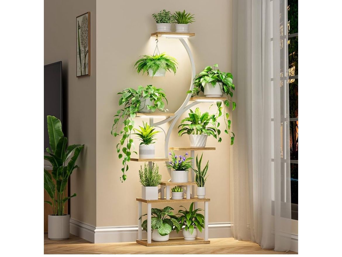 8-Tiered Plant Stand With Grow Lights - 62" Tall Indoor Shelf for Multiple Plants, Metal S-Shaped Flower Holder Rack for Home, Patio (White
