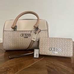 Guess tan and cream handbag and wallet set tan,