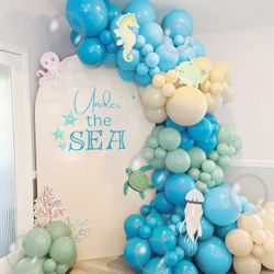 145 pcs Dusty Green Balloon Arch Kit Light Blue Fog Green Sand White Balloons for Under The Sea Party Decoration Baby Shower Birthday Party Decor