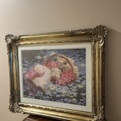 Vintage Floral Print Framed In Large Gold Ornate Frame 36 X 30