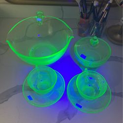 Uranium Glass Bowl And Tea Set $200