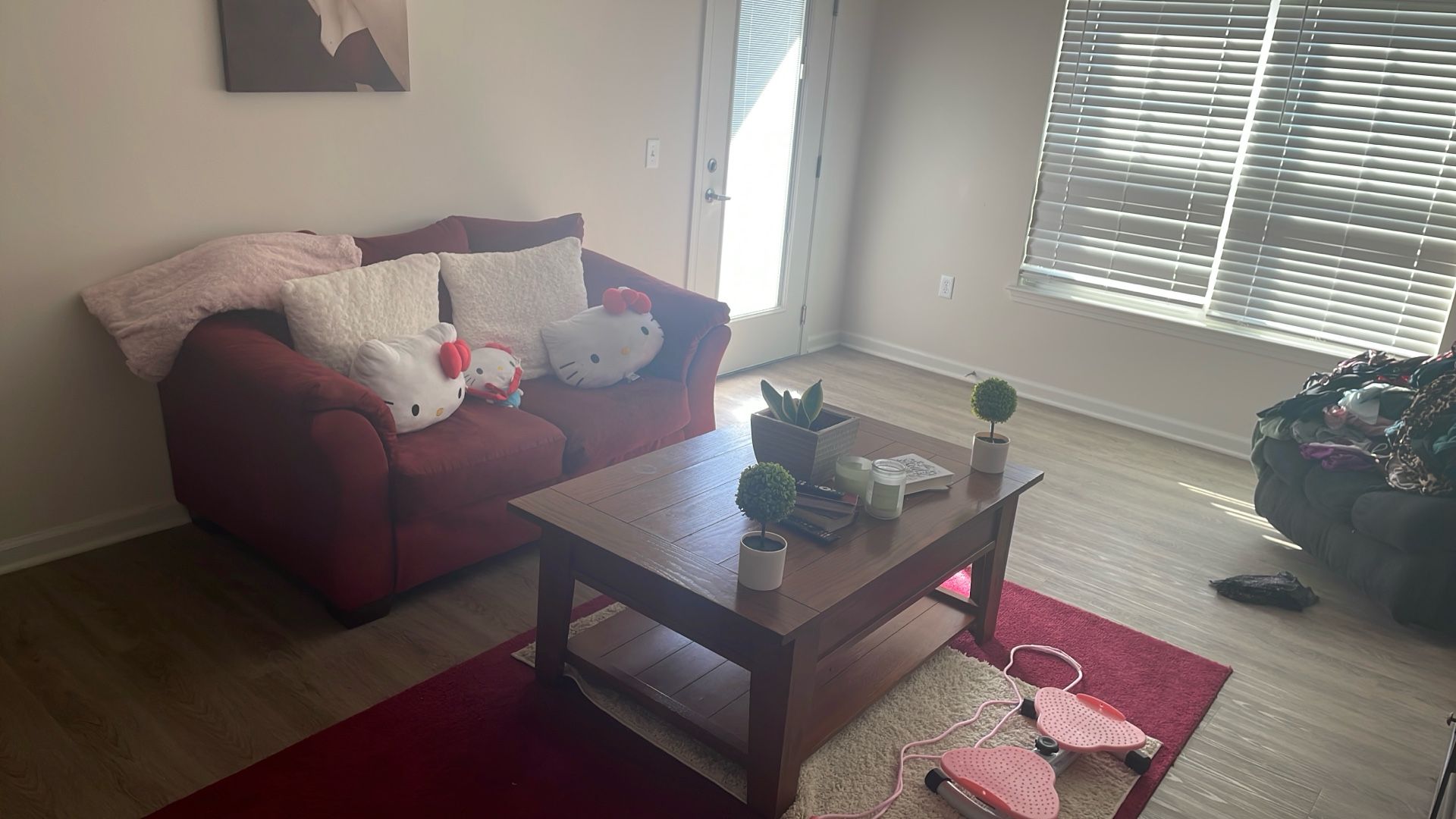 Burgundy, Loveseat, Wood Table Fake Tree Plants And Matching Rugs