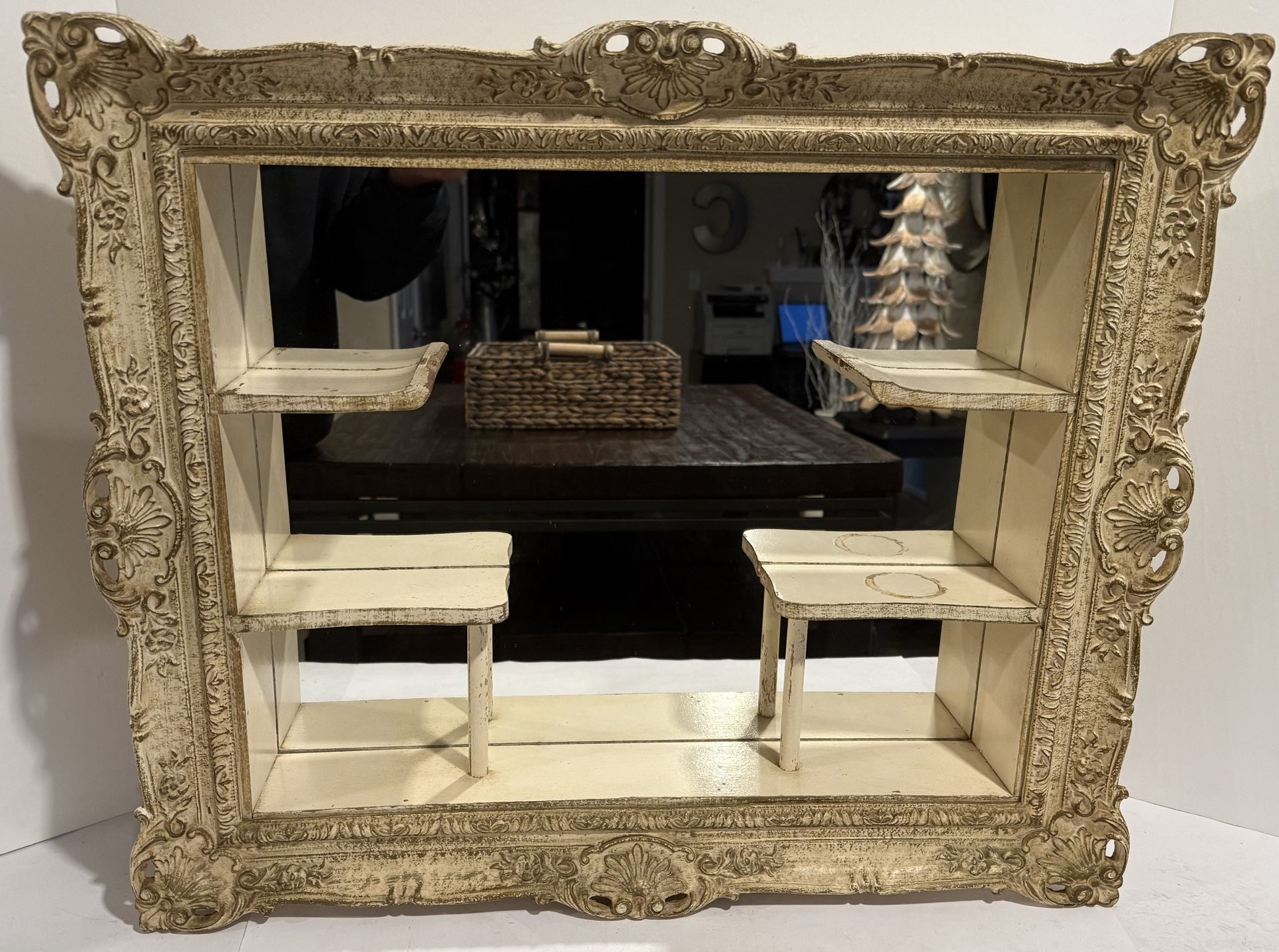 Antique Victorian Wooden Mirror With Display Shelves/Shadow Box.. 24”W x 21”H x 5”Dp.