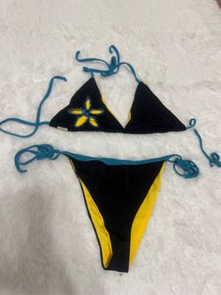 Large blue yellow flower retro bikini festival rave rave swimsuit bathing boho Only worn to take photos in