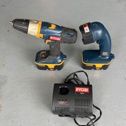 Ryobi Drill And Flash Light And 2 Batteries With Charger