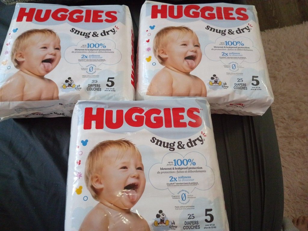 Huggies Snug N Dry Size 5. Unopened Packages. 75 Diapers In Total