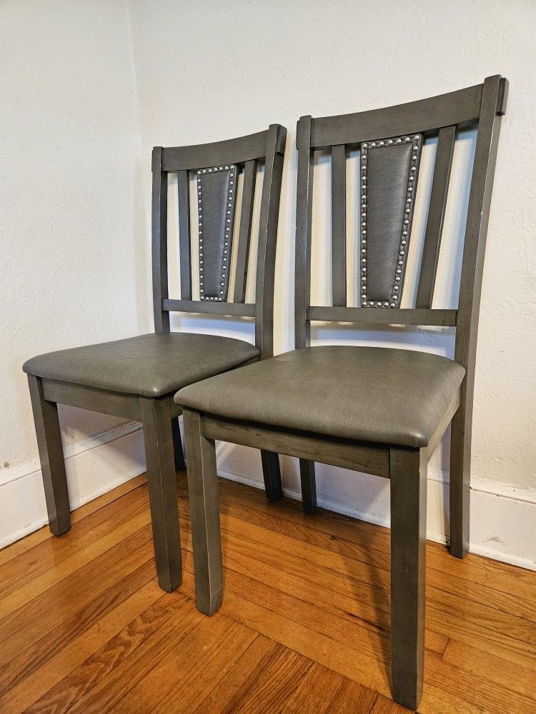 Pair Of Gray Modern Farmhouse Kitchen Dining Chairs With Nailhead Trim